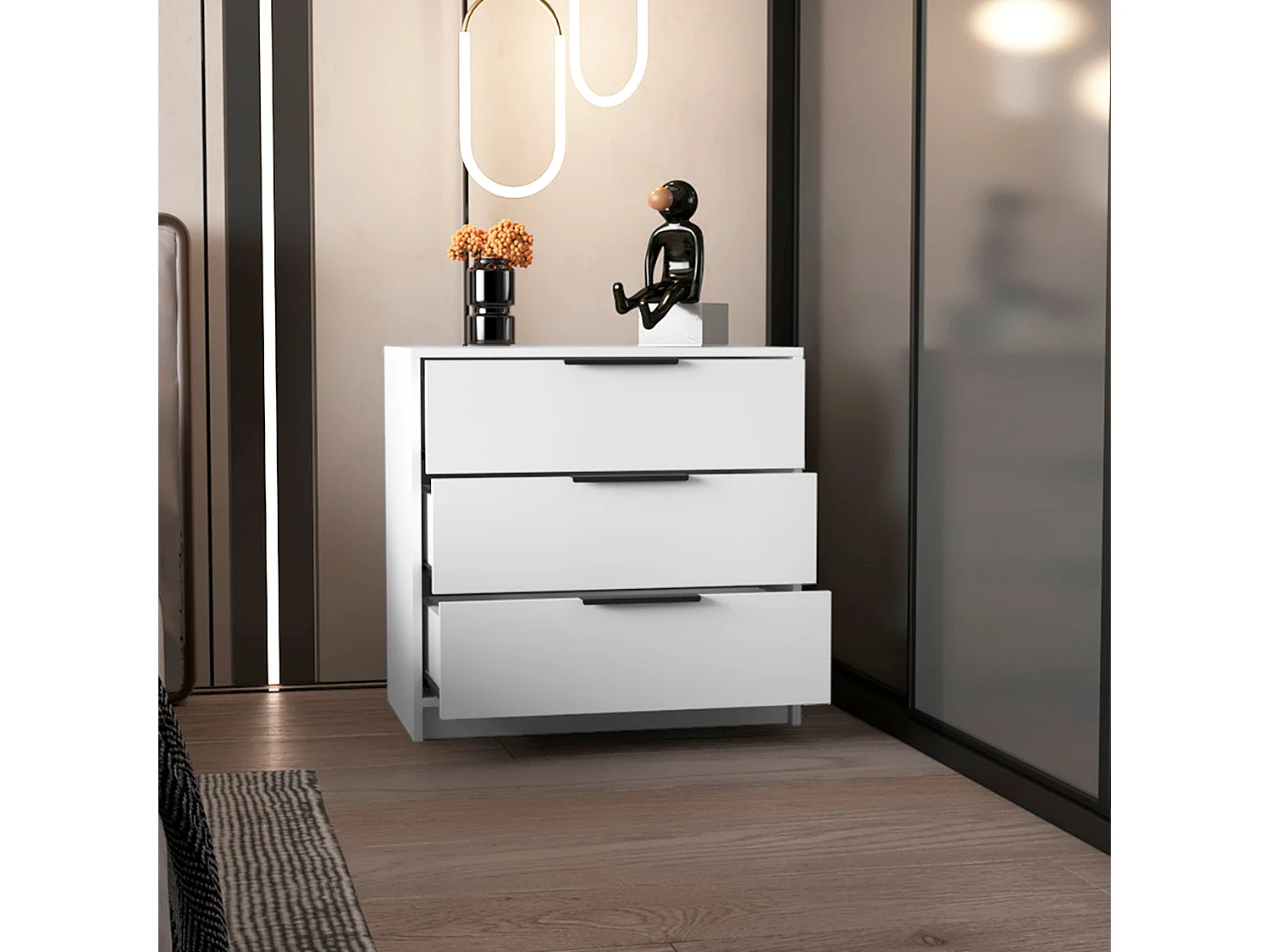 Commode Kaia en mélamine, avec tiroirs à rail métallique, 68.68 cm X 69.85 cm X 41.50 cm , Blanc