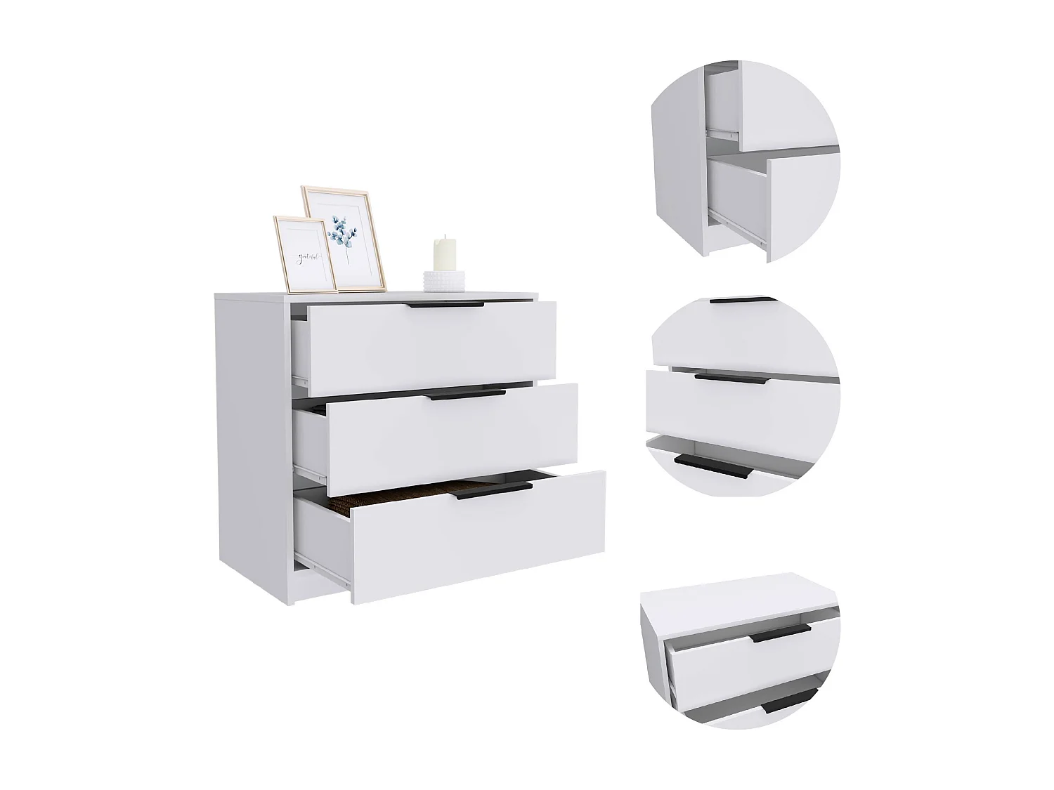 Commode Kaia en mélamine, avec tiroirs à rail métallique, 68.68 cm X 69.85 cm X 41.50 cm , Blanc