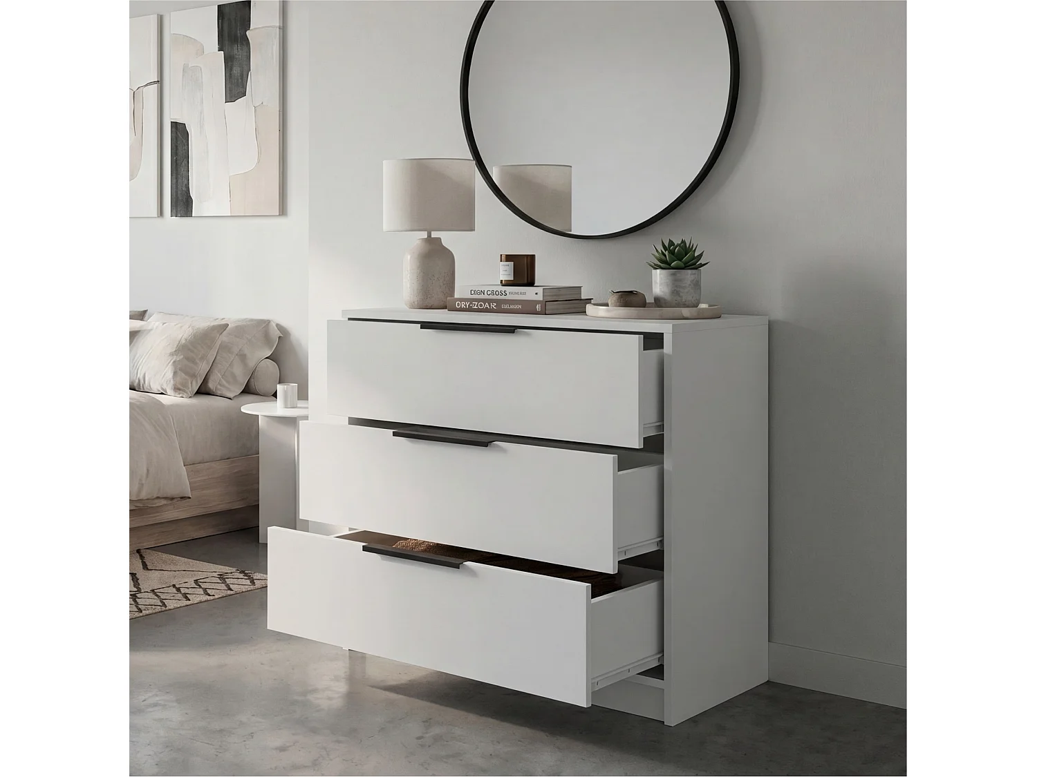 Cómoda Kaia de 70 cm com 3 gavetas, branco