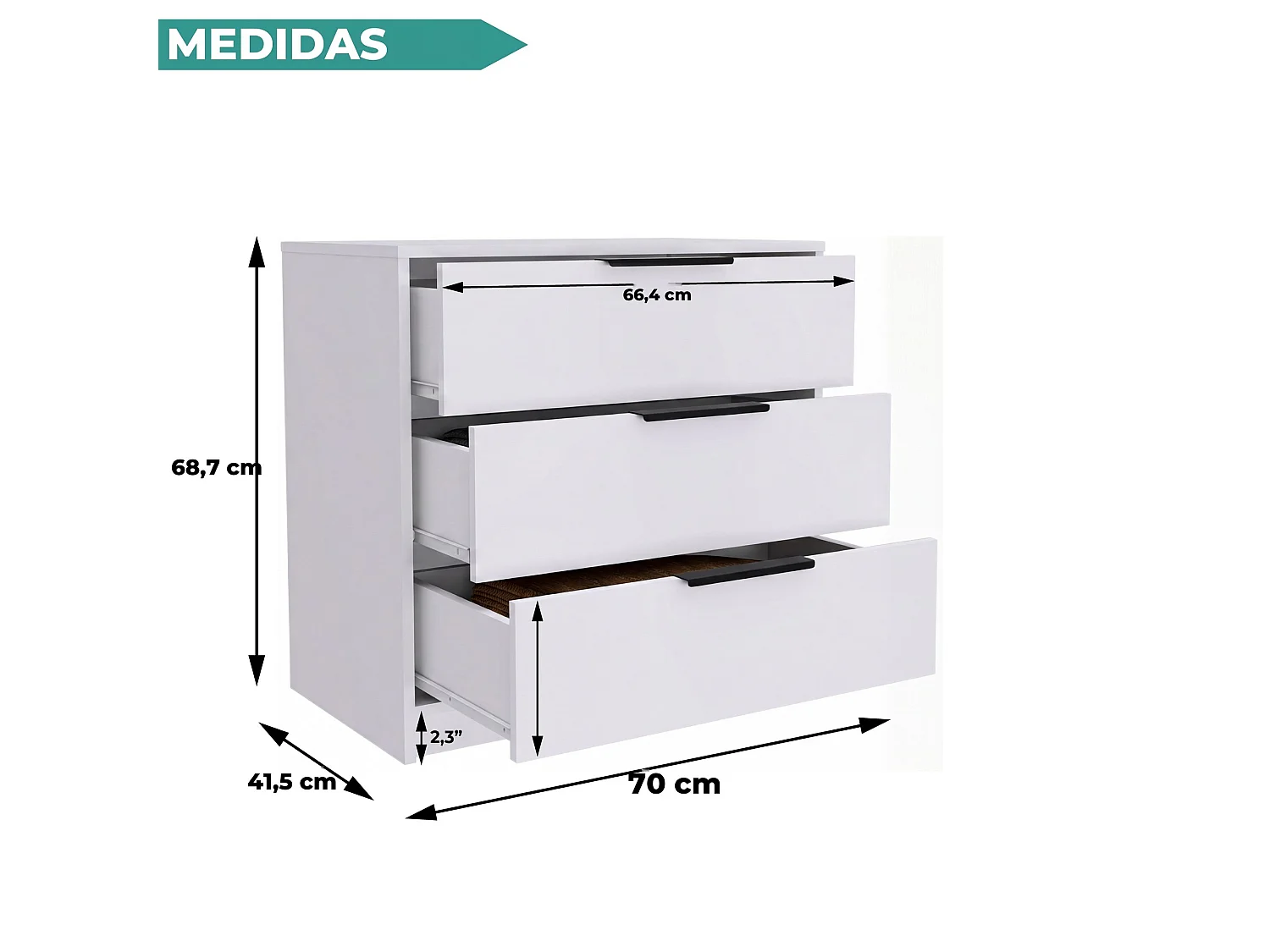 Cómoda Kaia de 70 cm com 3 gavetas, branco