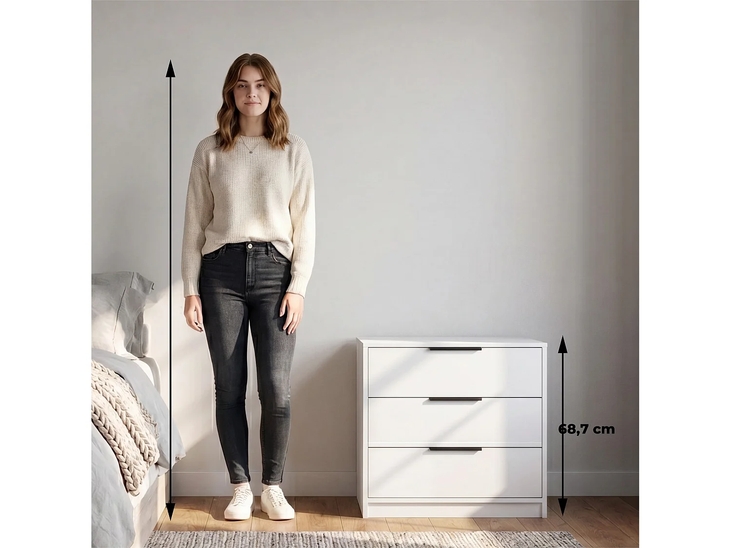 Cómoda Kaia de 70 cm com 3 gavetas, branco