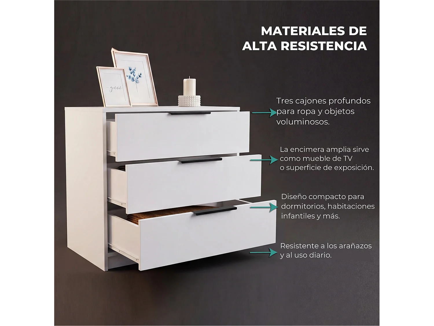 Cómoda Kaia de 70 cm com 3 gavetas, branco