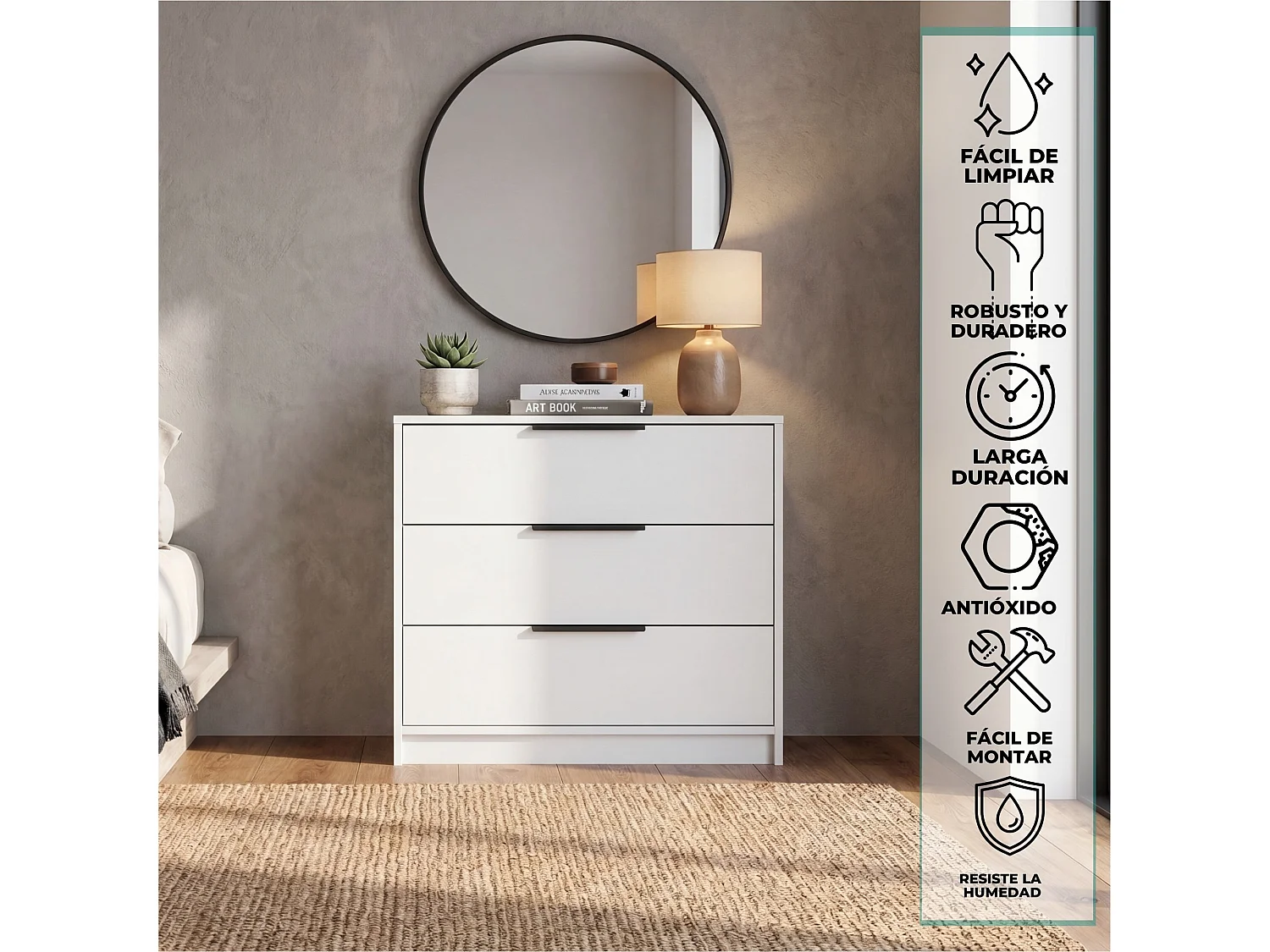 Cómoda Kaia de 70 cm com 3 gavetas, branco