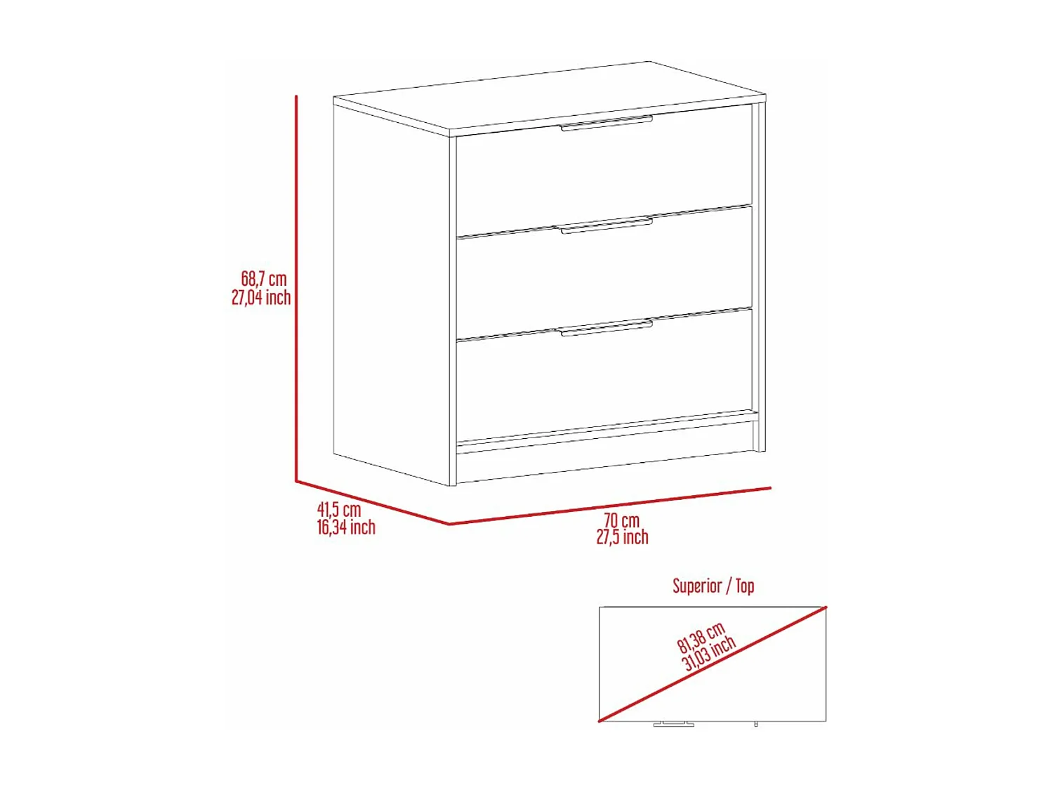 Cómoda Kaia em melamina, com gavetas de calhas metálicas, 68.68 cm X 69.85 cm X 41.50 cm , Branco