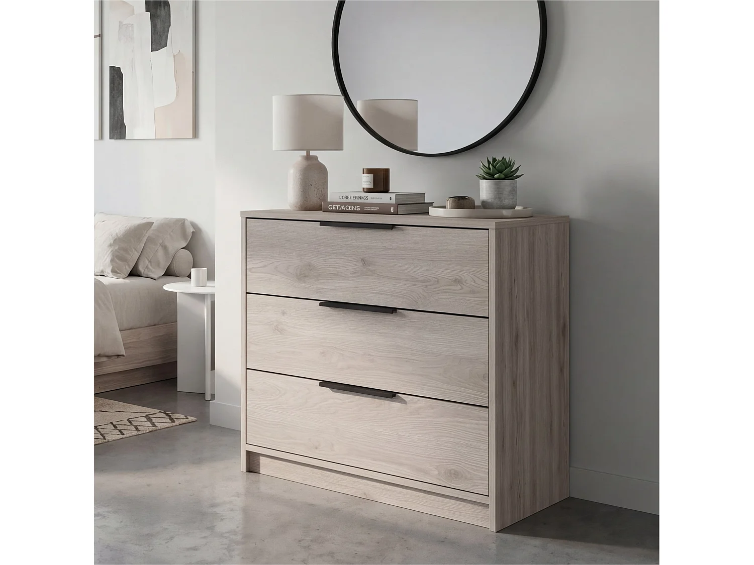 Cómoda Kaia de 70 cm com 3 gavetas, cinzento