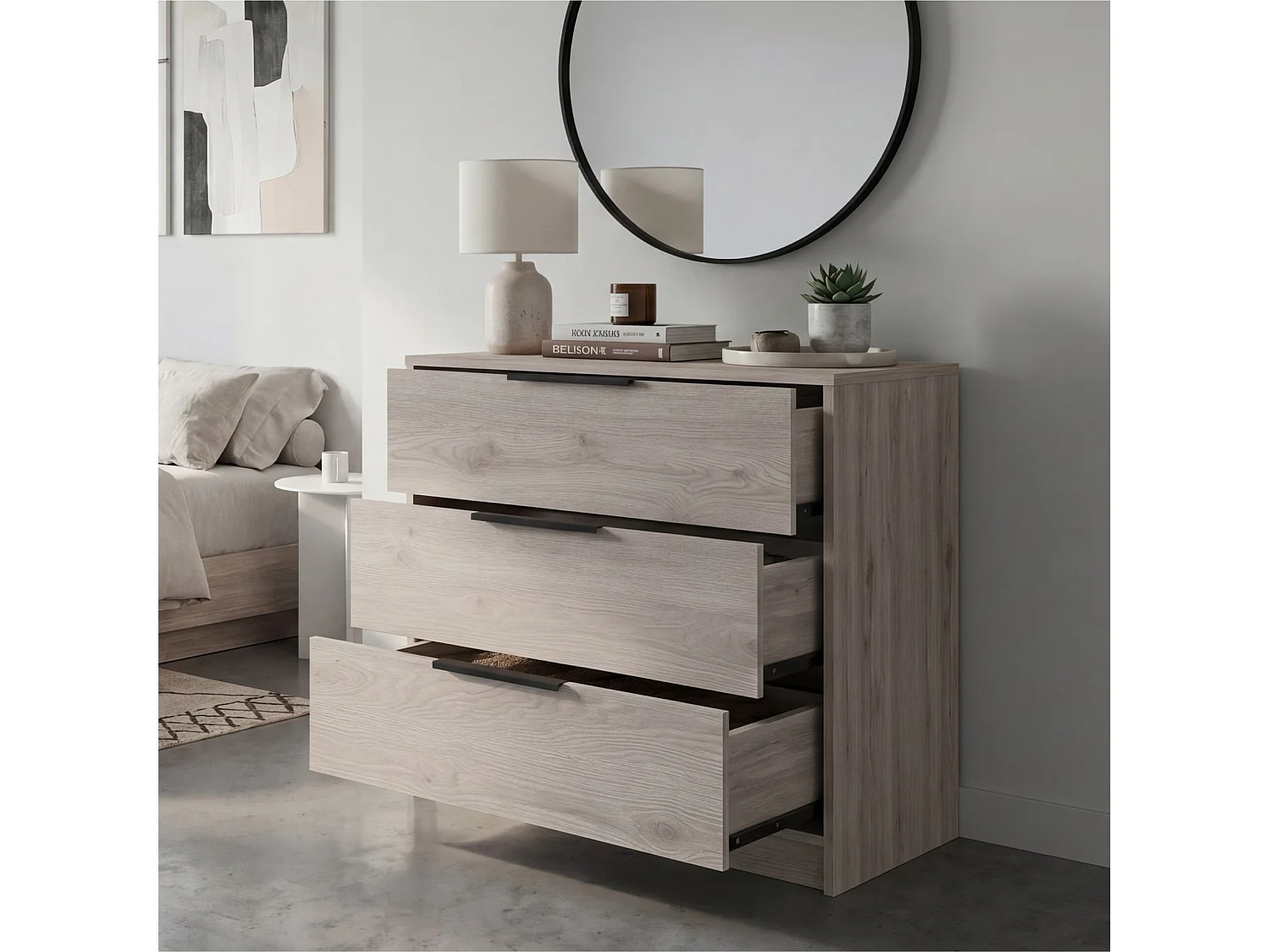 Cómoda Kaia de 70 cm com 3 gavetas, cinzento