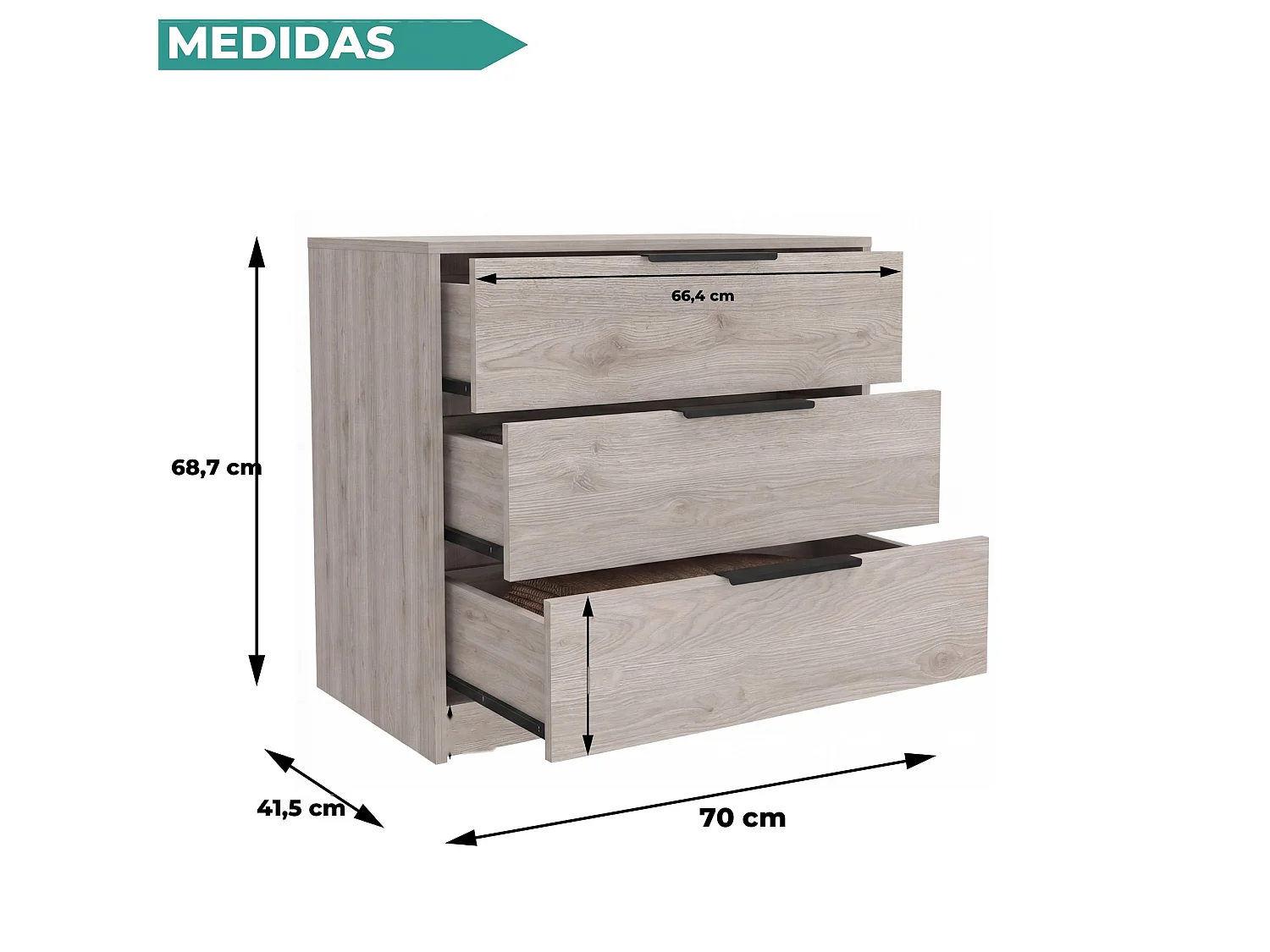 Cómoda Kaia de 70 cm com 3 gavetas, cinzento