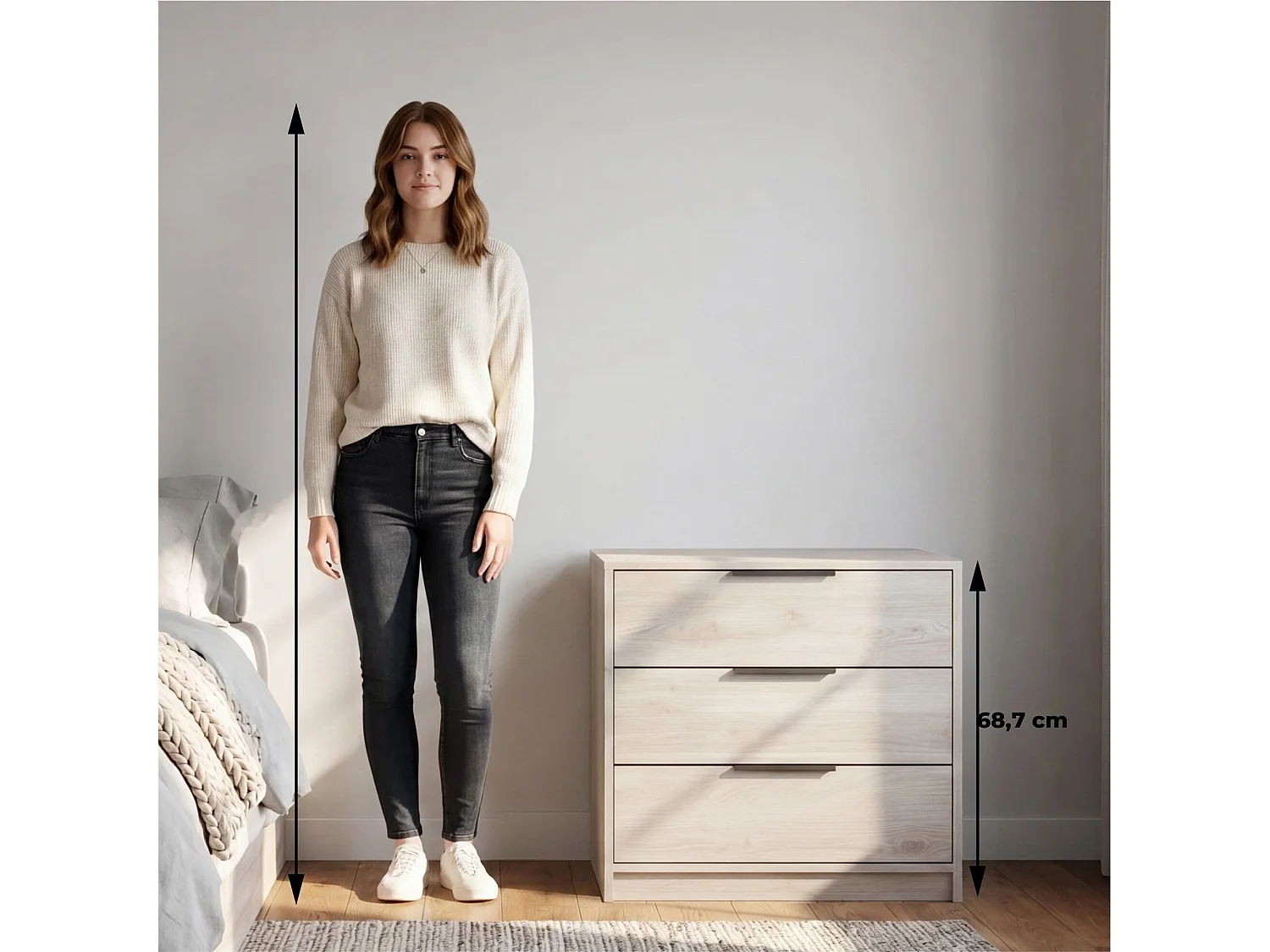 Cómoda Kaia de 70 cm com 3 gavetas, cinzento