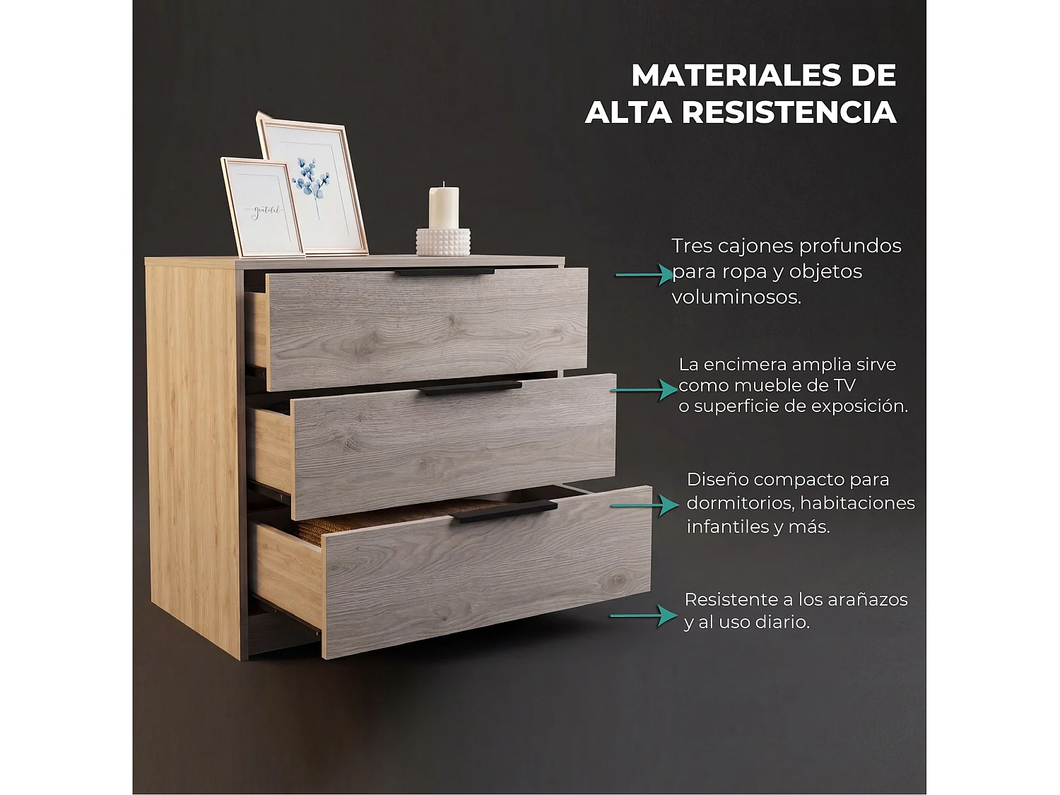 Cómoda Kaia de 70 cm com 3 gavetas, cinzento