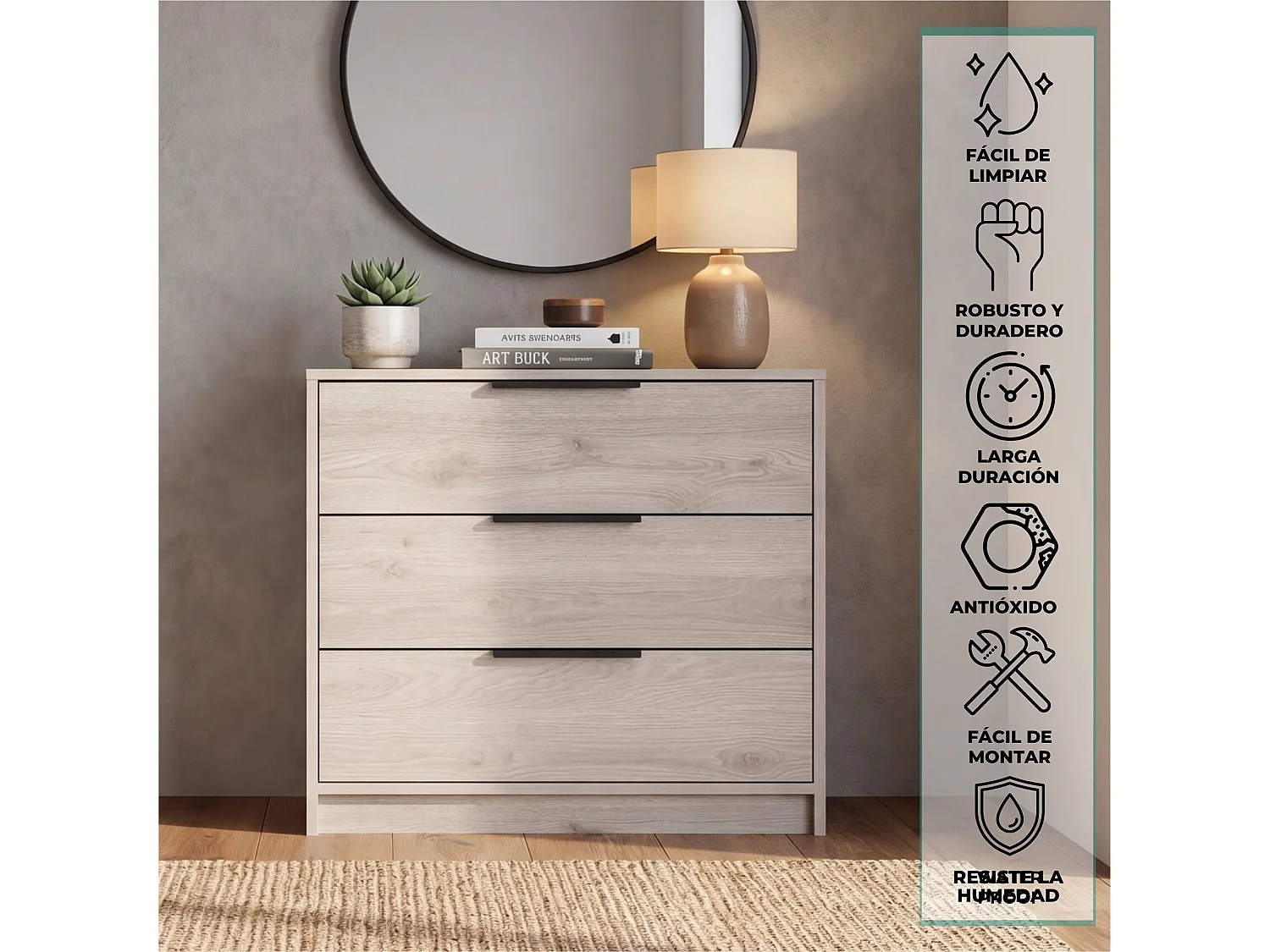 Cómoda Kaia de 70 cm com 3 gavetas, cinzento