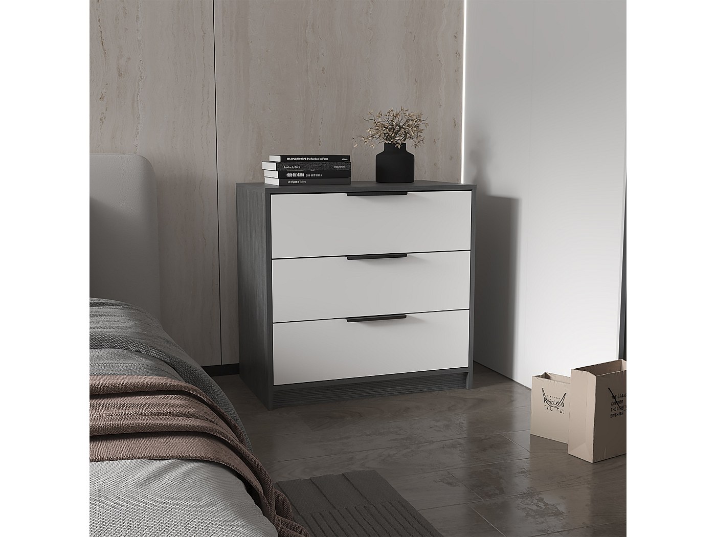 Comò 4 Cassetti In Tessuto Con Struttura In Metallo E Piano In Legno | 28x43x77 Cm | Cassettiera Stretta Per Camera Da Letto, Soggiorno, Ingresso | Bianco