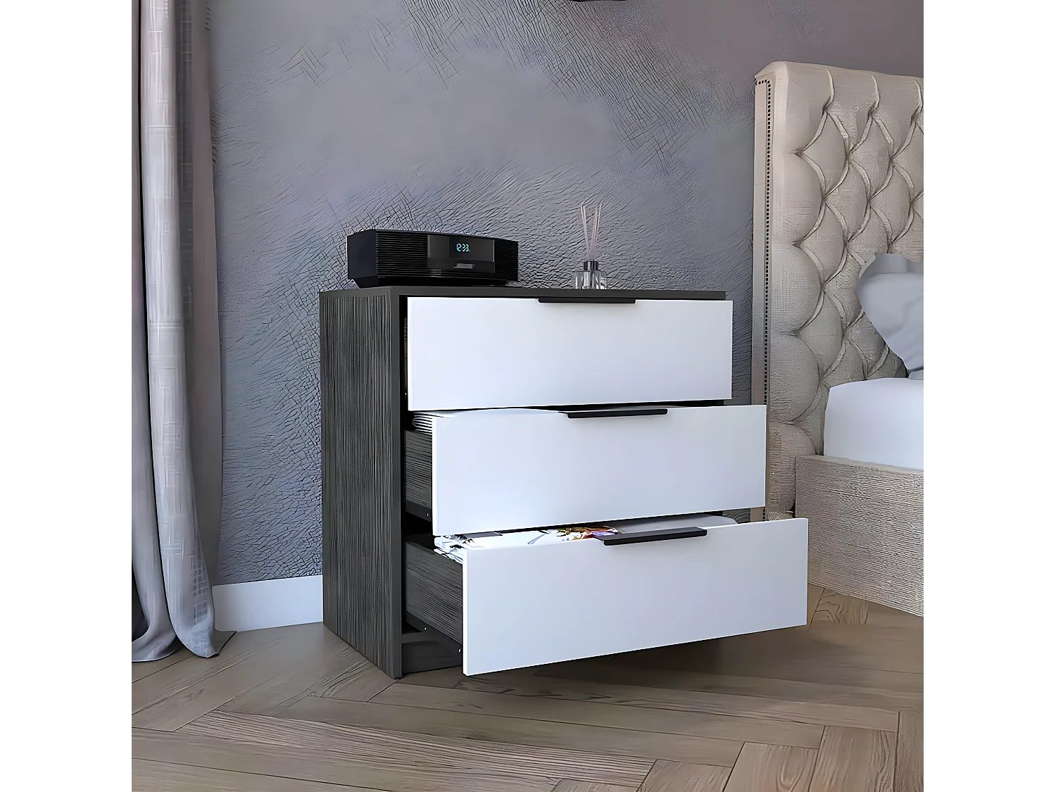 Cómoda Kaia em melamina, com gavetas de calhas metálicas, 68.68 cm X 69.85 cm X 41.50 cm , Branco