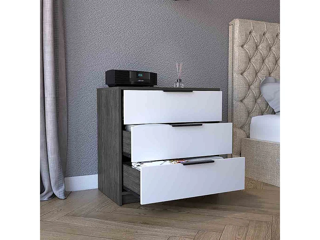 Cómoda Kaia de 70 cm com 3 gavetas, carvalho cinzento e branco