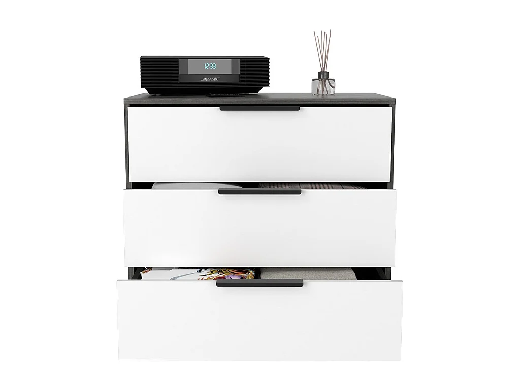 Cómoda Kaia de 70 cm com 3 gavetas, carvalho cinzento e branco