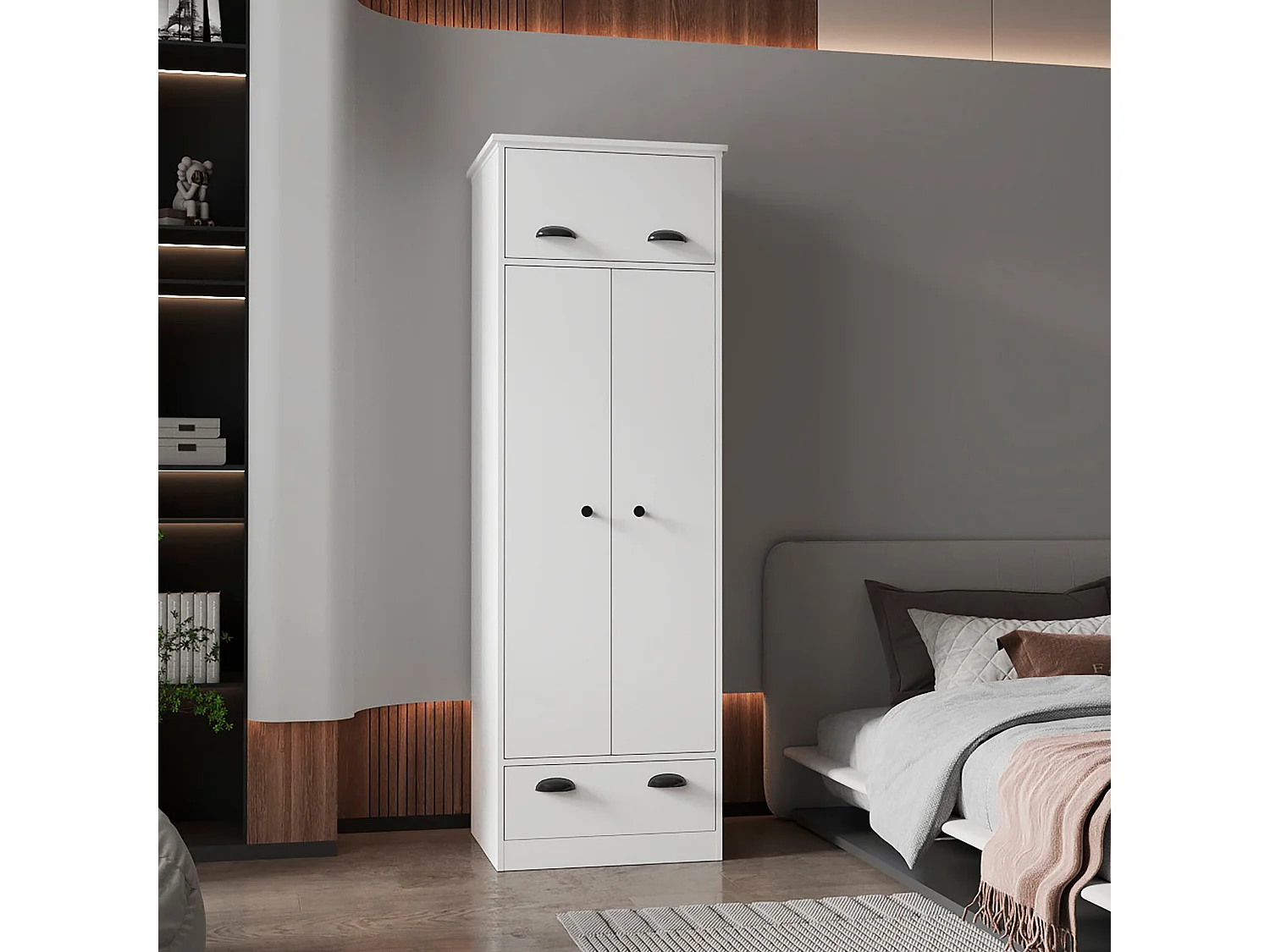 Armoire 2 portes en mélamine, avec tiroir à rail métallique, 178.99 cm X 59.20 cm X 50.01 cm , Blanc