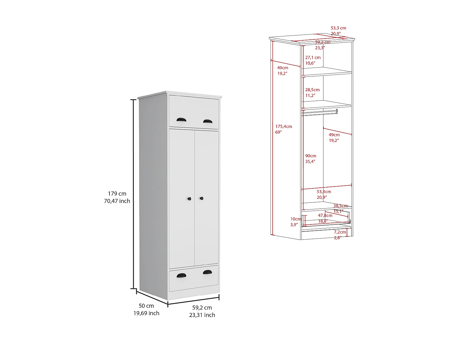 Armoire 2 portes en mélamine, avec tiroir à rail métallique, 178.99 cm X 59.20 cm X 50.01 cm , Blanc