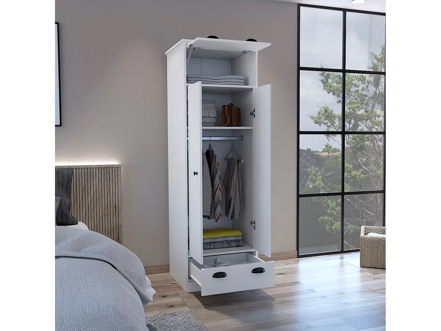 Armoire 2 portes en mélamine, avec tiroir à rail métallique, 178.99 cm X 59.20 cm X 50.01 cm , Blanc