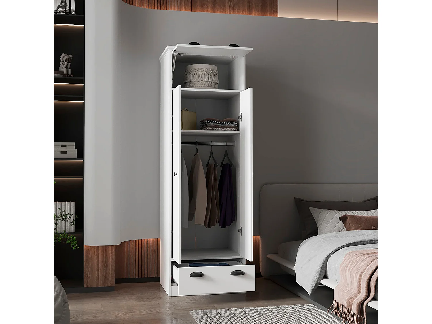 Armoire 2 portes en mélamine, avec tiroir à rail métallique, 178.99 cm X 59.20 cm X 50.01 cm , Blanc