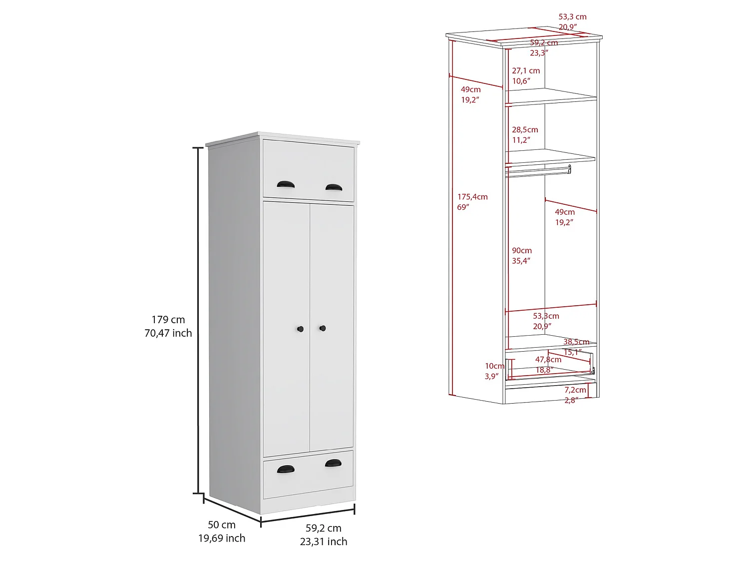 Armadio Falkland da 179 cm con 3 ante, 1 cassetto e barra appendiabiti, bianco
