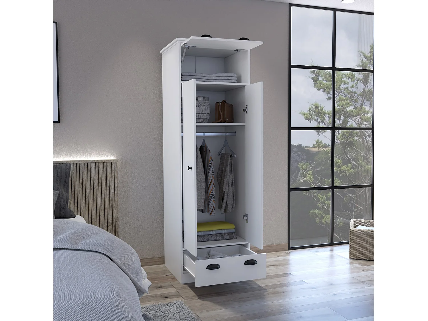 Armadio Falkland da 179 cm con 3 ante, 1 cassetto e barra appendiabiti, bianco