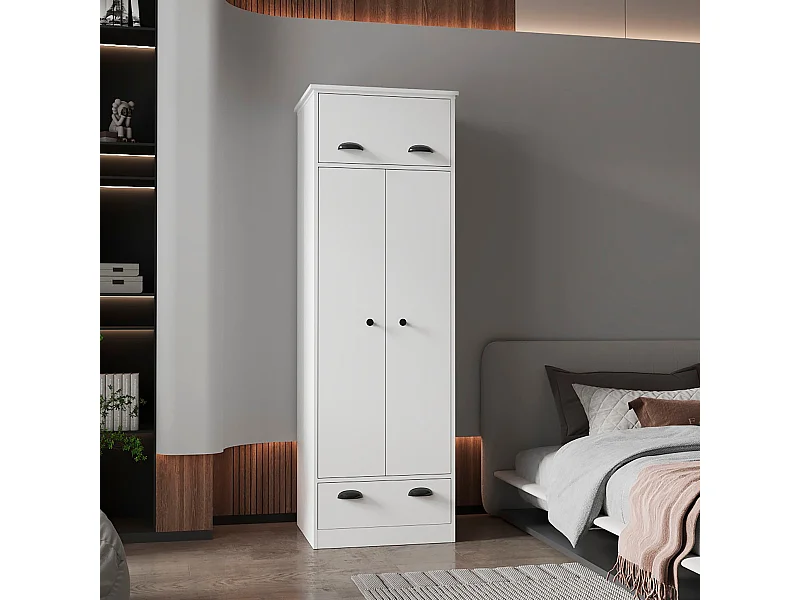 Armoire 2 portes en mélamine, avec tiroir à rail métallique, 178.99 cm X 59.20 cm X 50.01 cm , Blanc