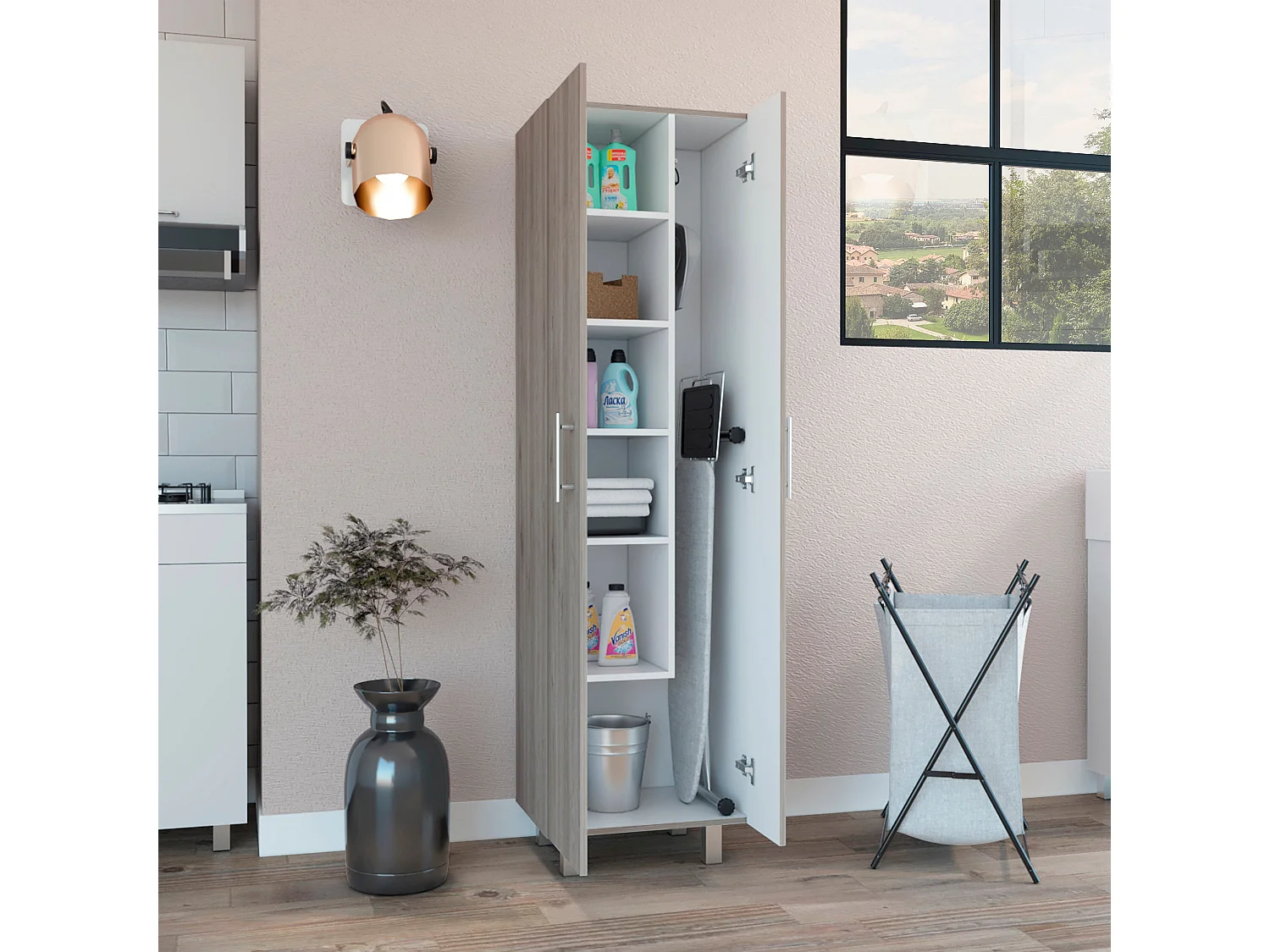 Gabinete de limpieza Nala en Melamina de doble puerta, con cuatro patas y cinco estantes , 181.10 cm  X 51.05 cm  X 38.35 cm  , Multicolor