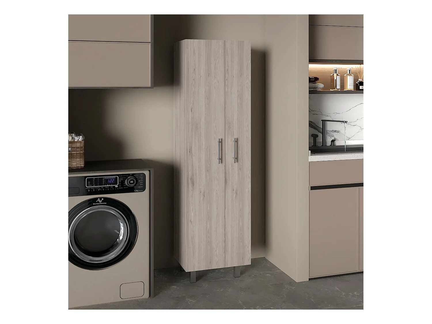 Armoire de nettoyage Nala en mélamine à double porte, avec quatre pieds et cinq étagères, 181.10 cm X 51.05 cm X 38.35 cm, Multicolore