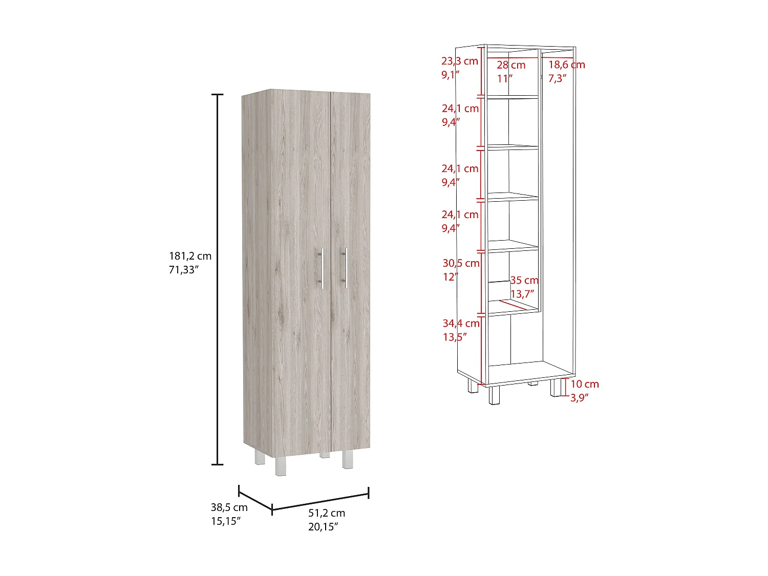 Gabinete de limpieza Nala en Melamina de doble puerta, con cuatro patas y cinco estantes , 181.10 cm  X 51.05 cm  X 38.35 cm  , Multicolor