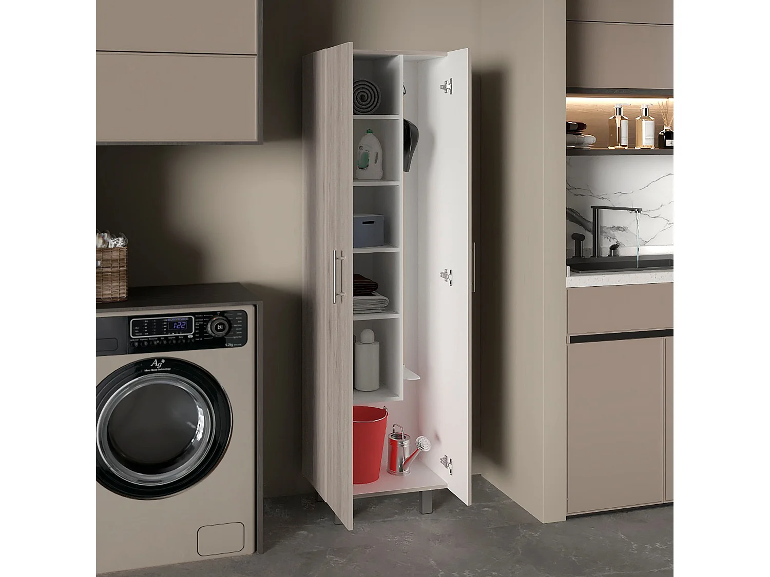 Gabinete de limpieza Nala en Melamina de doble puerta, con cuatro patas y cinco estantes , 181.10 cm  X 51.05 cm  X 38.35 cm  , Multicolor