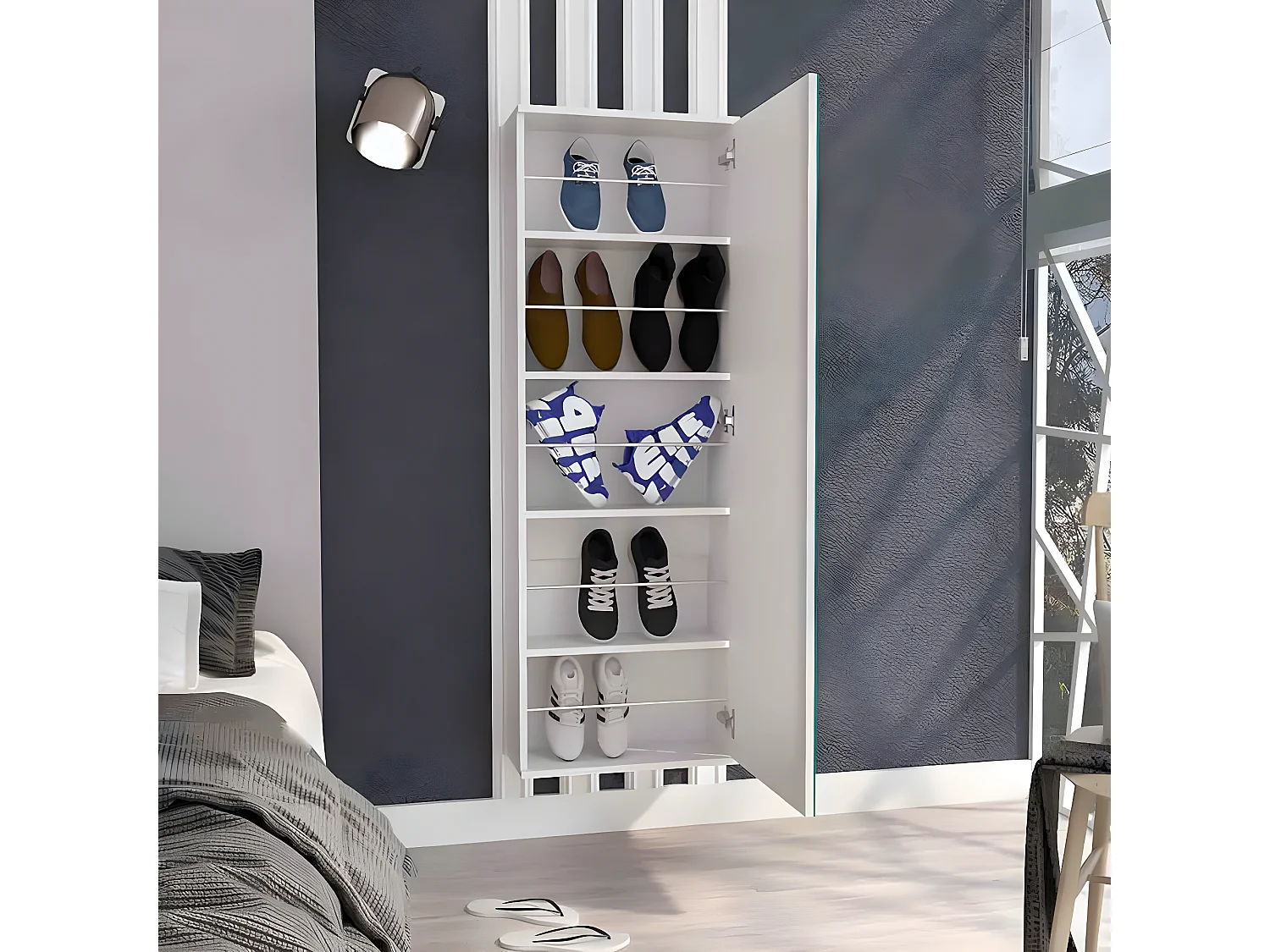 Leto Porte chaussures mural en mélamine, avec miroir , 137.92 cm X 46.99 cm X 20.57 cm , Gris / argenté