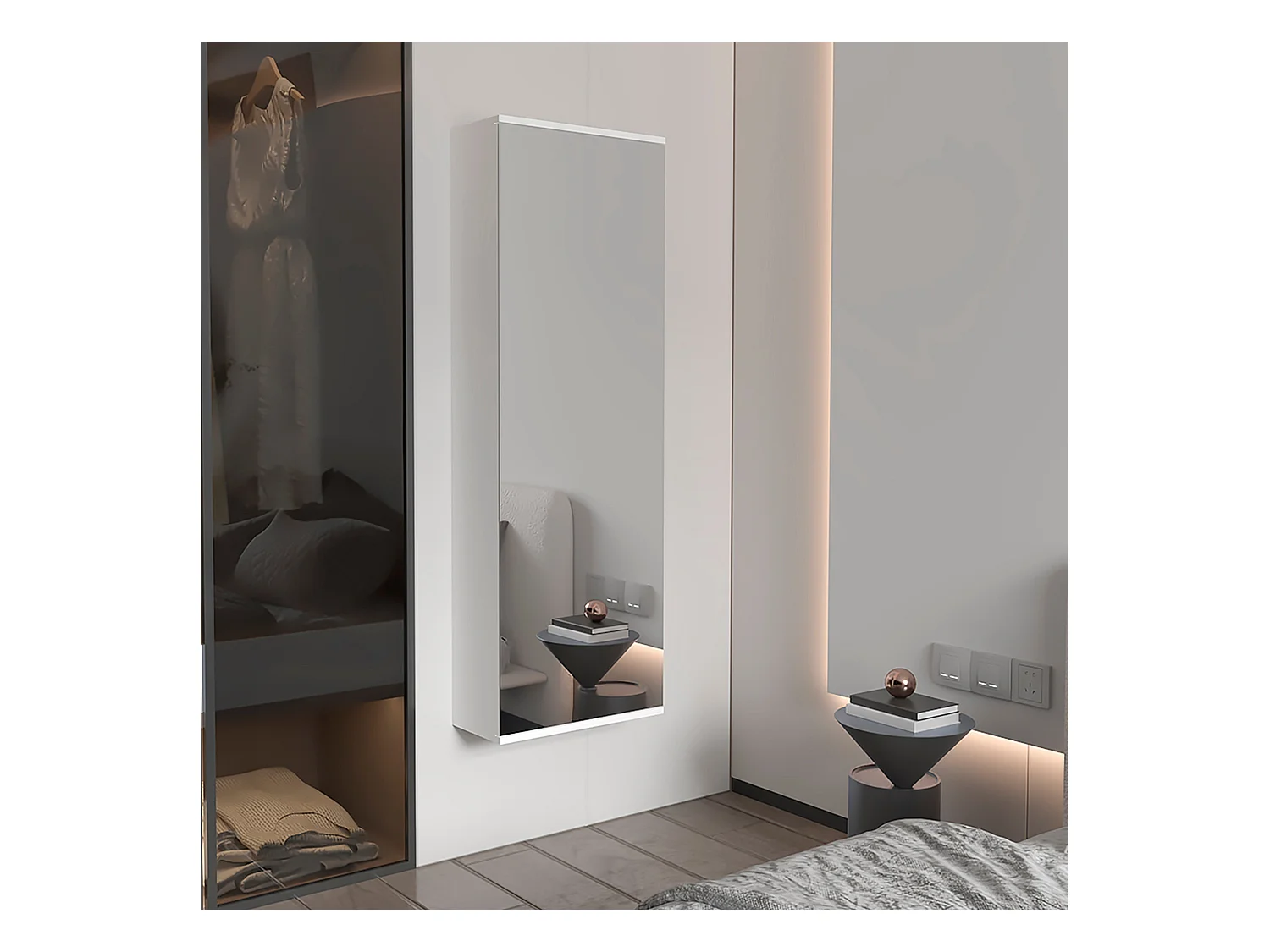 Leto Porte chaussures mural en mélamine, avec miroir , 137.92 cm X 46.99 cm X 20.57 cm , Gris / argenté