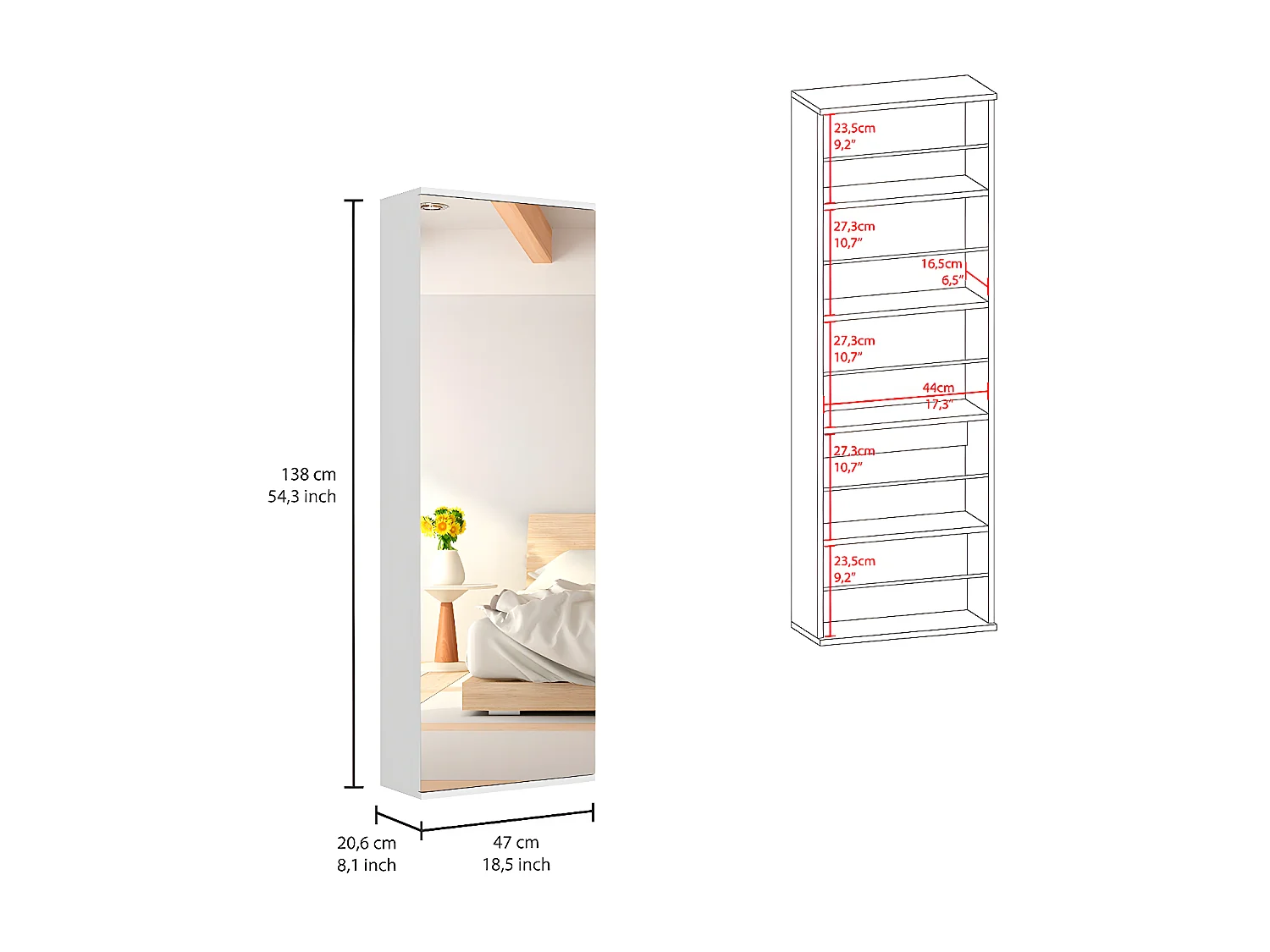 Zapatero de pared leto en Melamina, con espejo , 137.92 cm  X 46.99 cm  X 20.57 cm  , Gris / plata