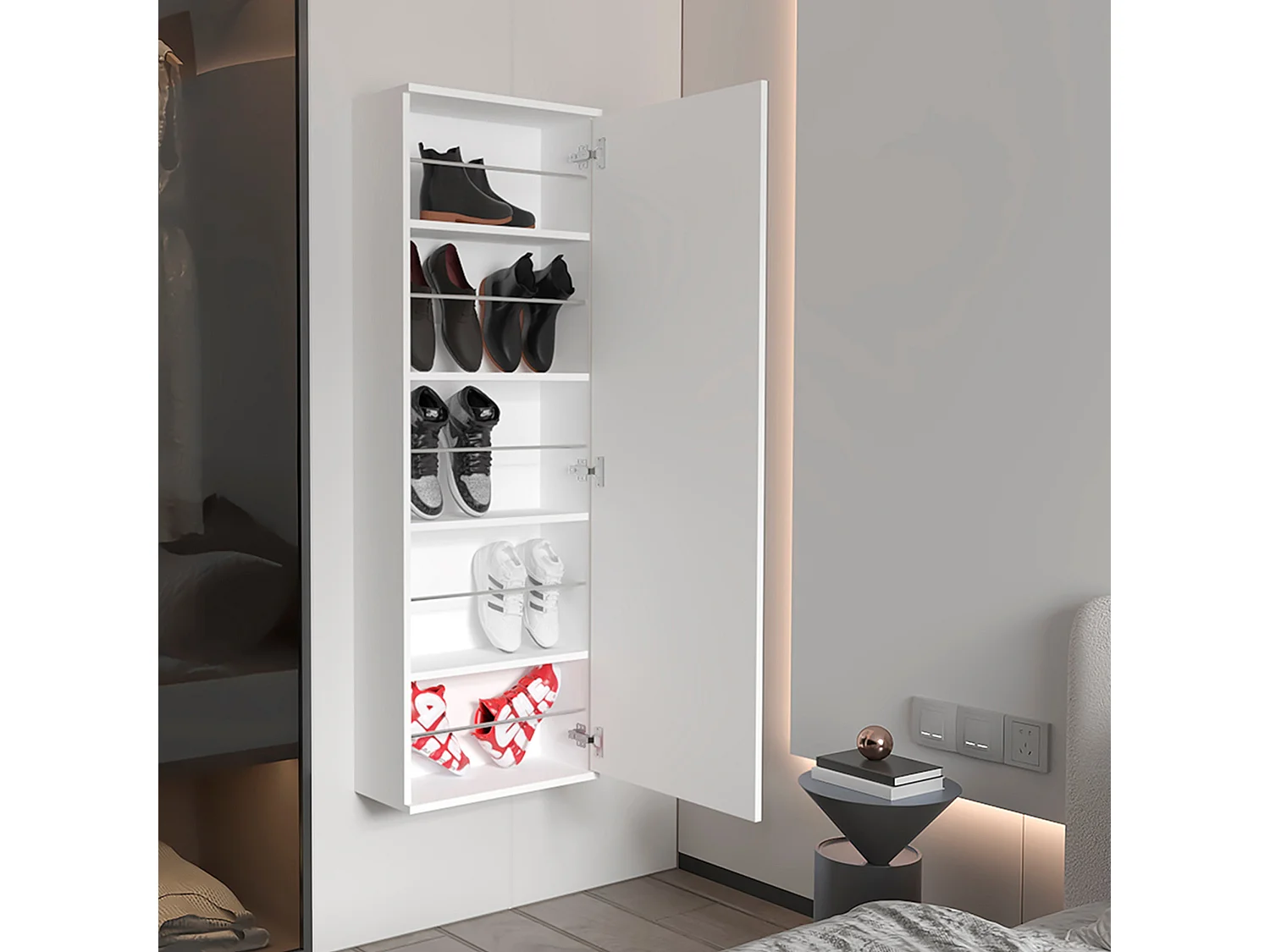 Zapatero de pared leto en Melamina, con espejo , 137.92 cm  X 46.99 cm  X 20.57 cm  , Gris / plata