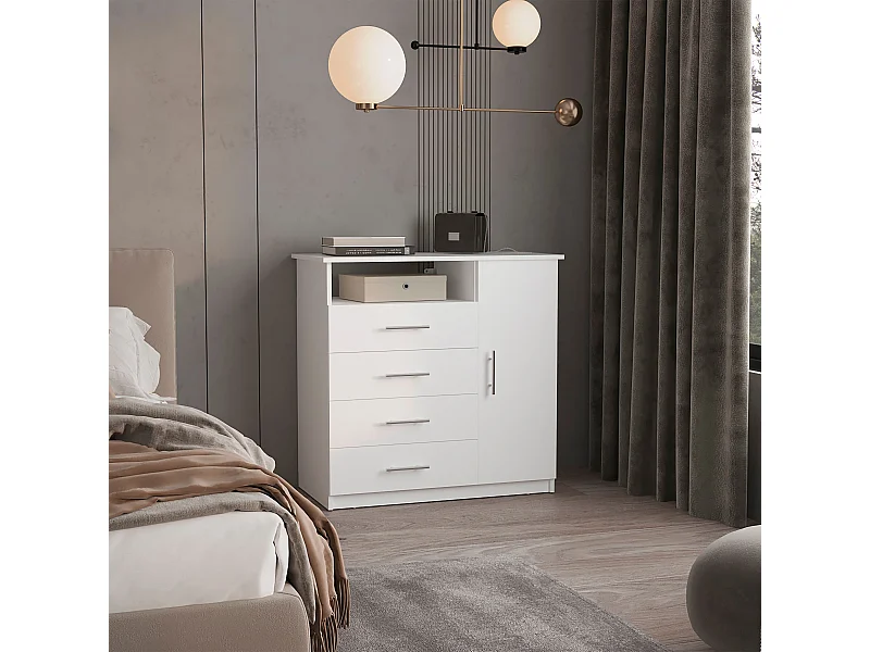 Cómoda Perú de cuatro cajones en melamina con rieles metálicos , 88.39 cm  X 90.93 cm  X 45.72 cm  , Blanco