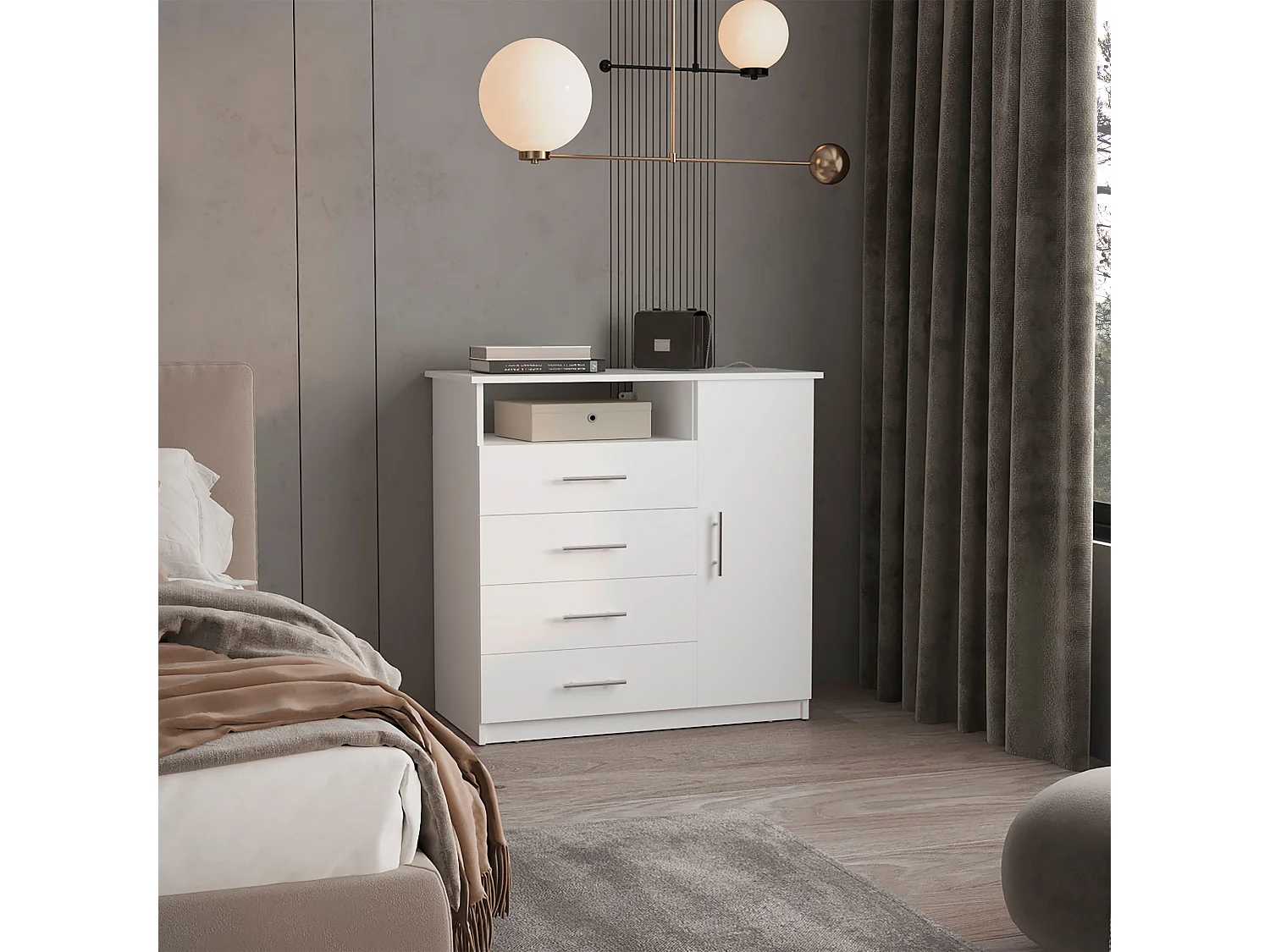 Commode Peru en mélamine à quatre tiroirs avec rails métalliques, 88.39 cm X 90.93 cm X 45.72 cm , Blanc