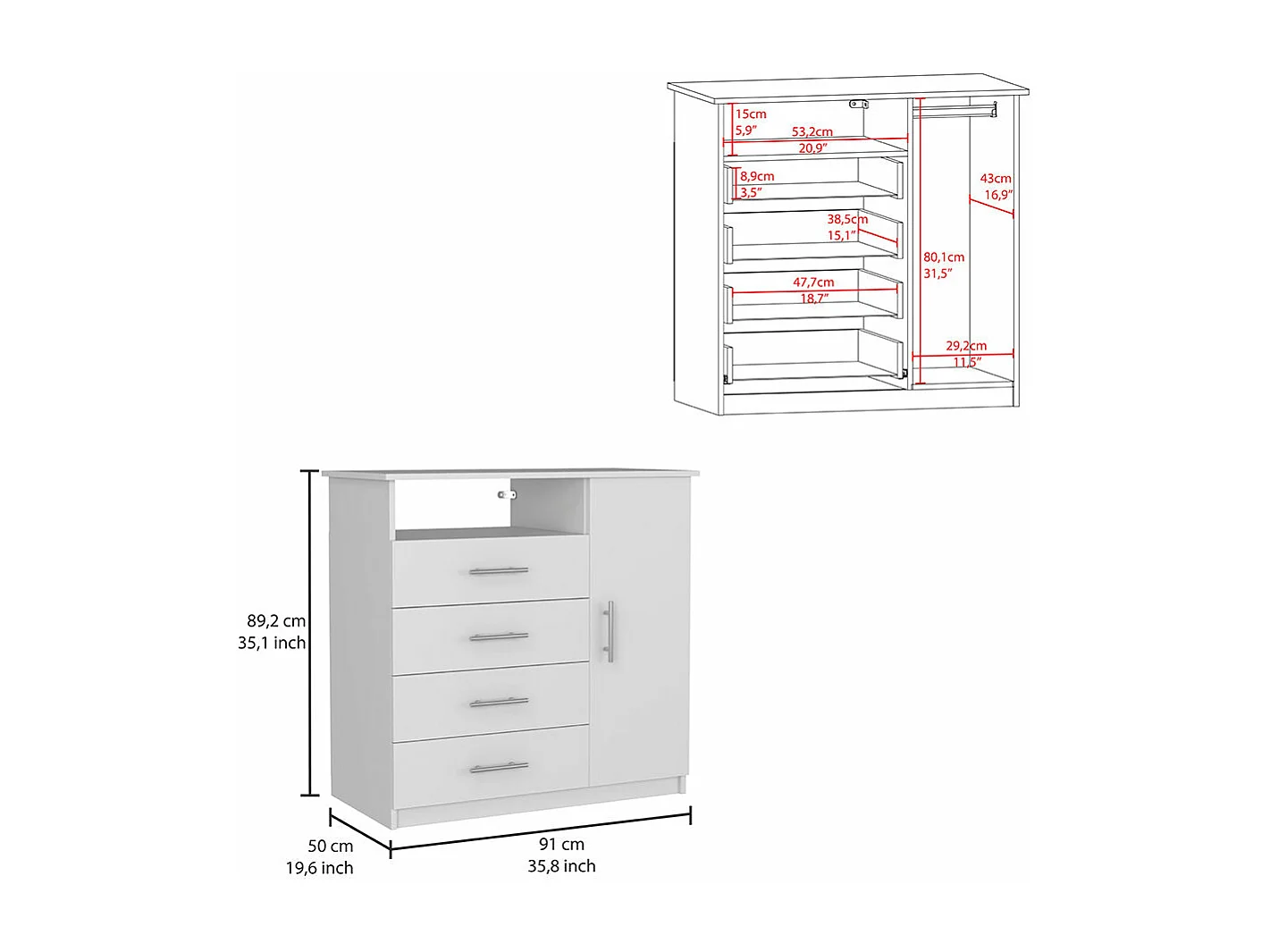 Commode Peru en mélamine à quatre tiroirs avec rails métalliques, 88.39 cm X 90.93 cm X 45.72 cm , Blanc