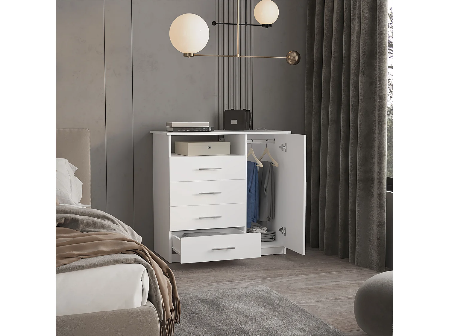 Commode Peru en mélamine à quatre tiroirs avec rails métalliques, 88.39 cm X 90.93 cm X 45.72 cm , Blanc