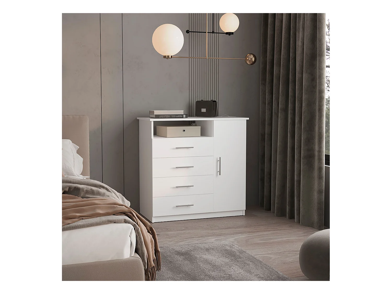 Cómoda Perú de cuatro cajones en melamina con rieles metálicos , 88.39 cm  X 90.93 cm  X 45.72 cm  , Blanco