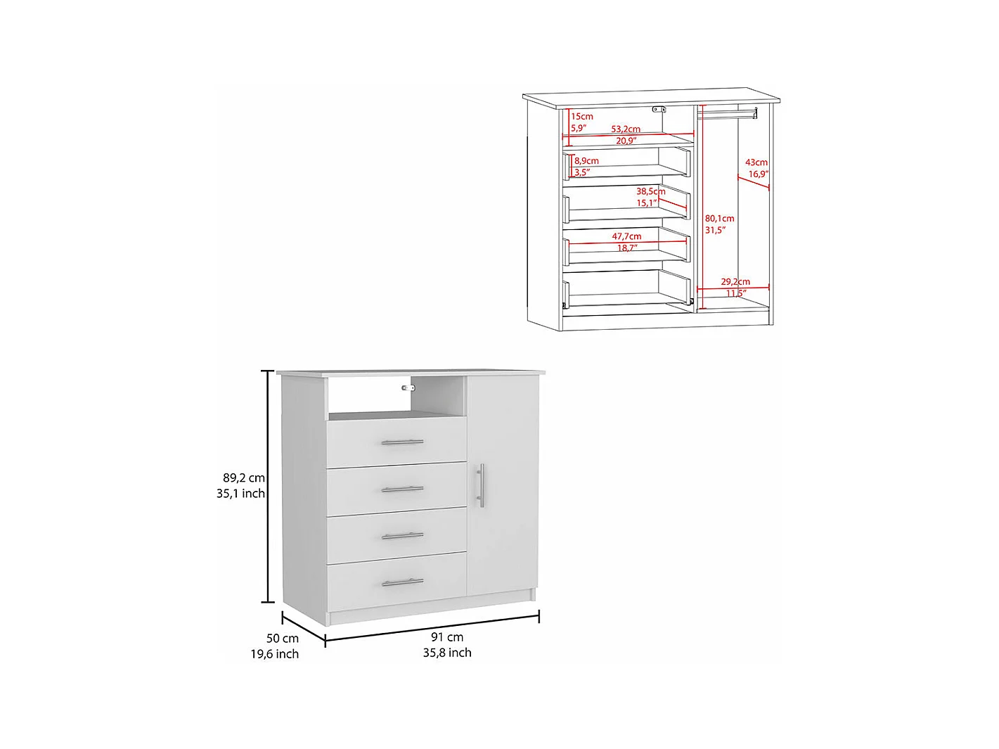 Cómoda Perú de cuatro cajones en melamina con rieles metálicos , 88.39 cm  X 90.93 cm  X 45.72 cm  , Blanco