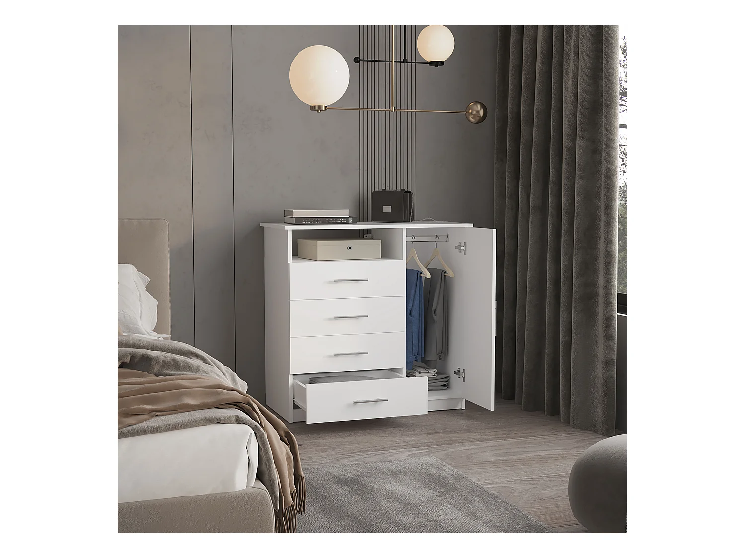 Cómoda Perú de cuatro cajones en melamina con rieles metálicos , 88.39 cm  X 90.93 cm  X 45.72 cm  , Blanco