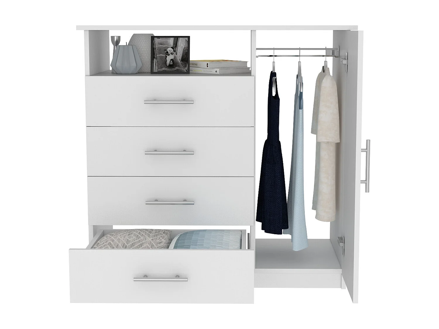 Commode Peru en mélamine à quatre tiroirs avec rails métalliques, 88.39 cm X 90.93 cm X 45.72 cm , Blanc