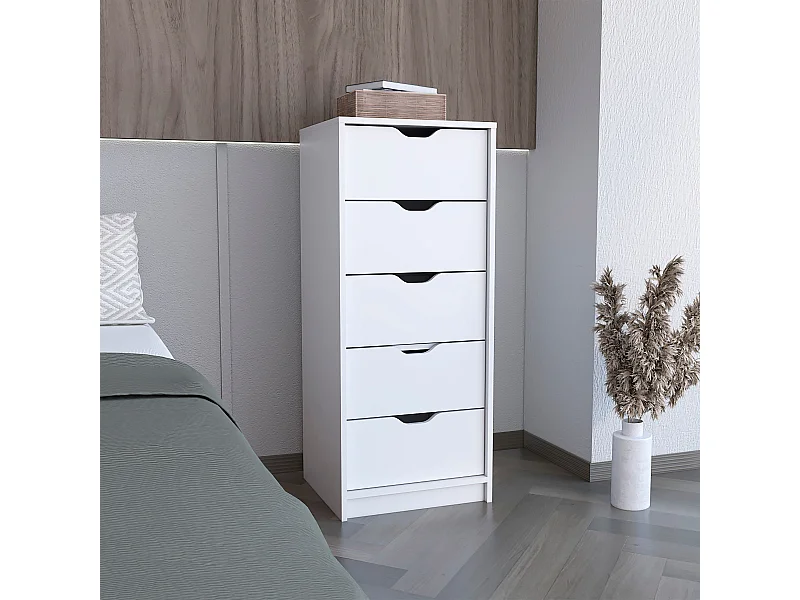 Cassettiera stretta Basilea a 5 cassetti in melamina, con cassetti a binario in metallo , 107.8 cm X 45 cm X 41.3 cm , Bianco