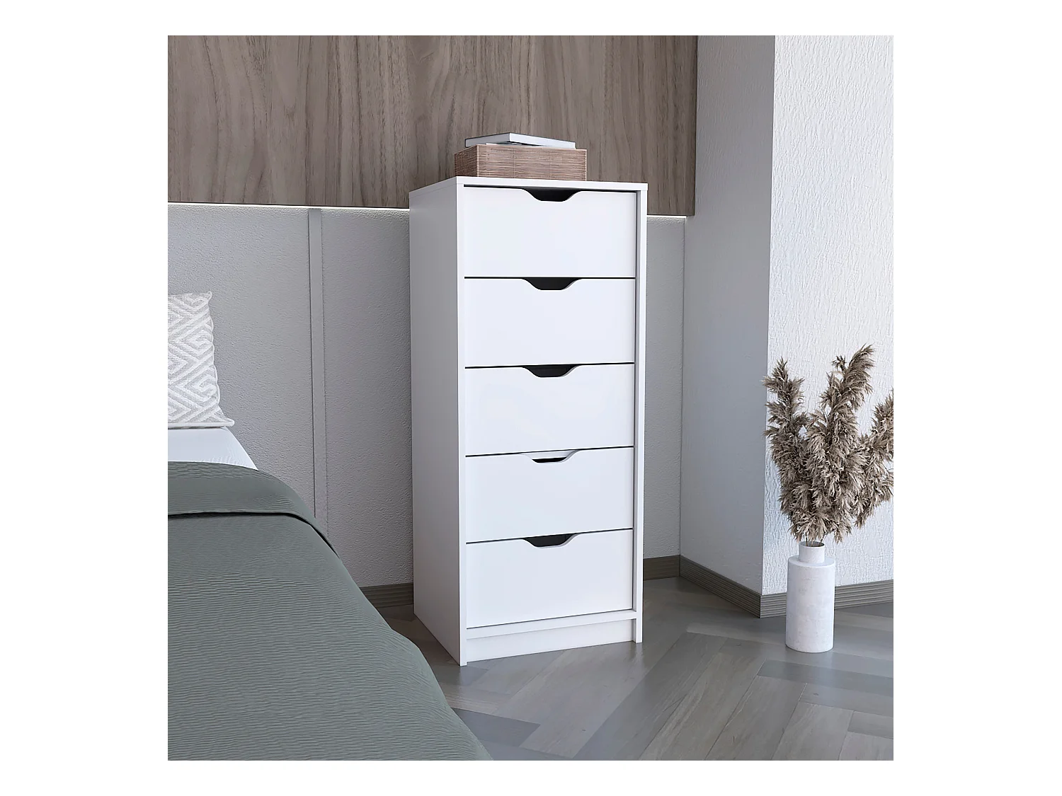 Basilea Commode étroite 5 tiroirs en mélamine, avec tiroirs à barreaux métalliques , 107.8 cm X 45 cm X 41.3 cm , Blanc