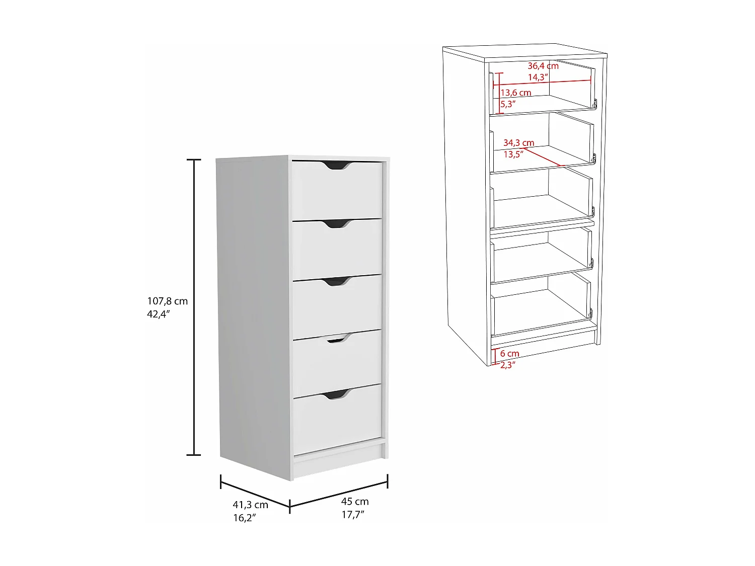 Basilea Cómoda estreita de 5 gavetas em melamina, com gavetas de calhas metálicas , 107.8 cm X 45 cm X 41.3 cm , Branco