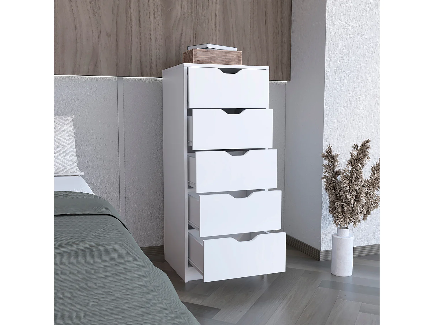 Basilea Cómoda estreita de 5 gavetas em melamina, com gavetas de calhas metálicas , 107.8 cm X 45 cm X 41.3 cm , Branco