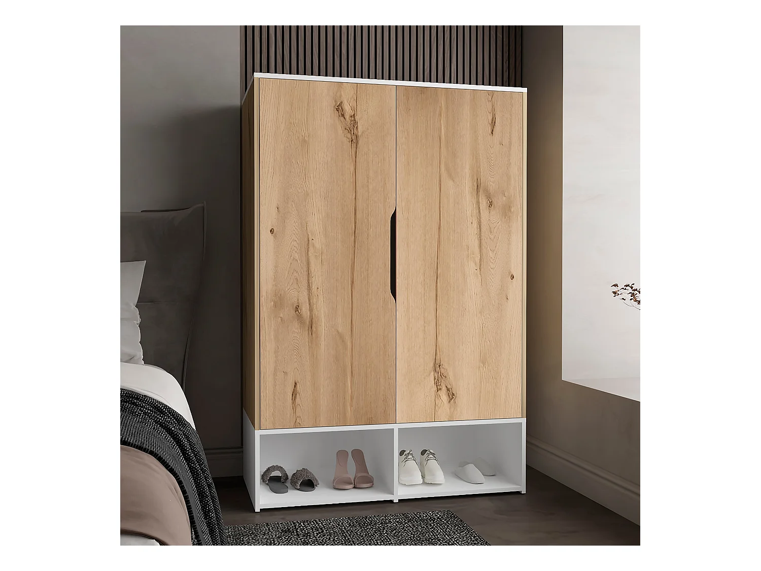 Armoire en mélamine Rosie, deux étagères ouvertes, double porte, cinq étagères, rail de suspension, 149.86 cm X 99.99 cm X 50 cm, Multicolore