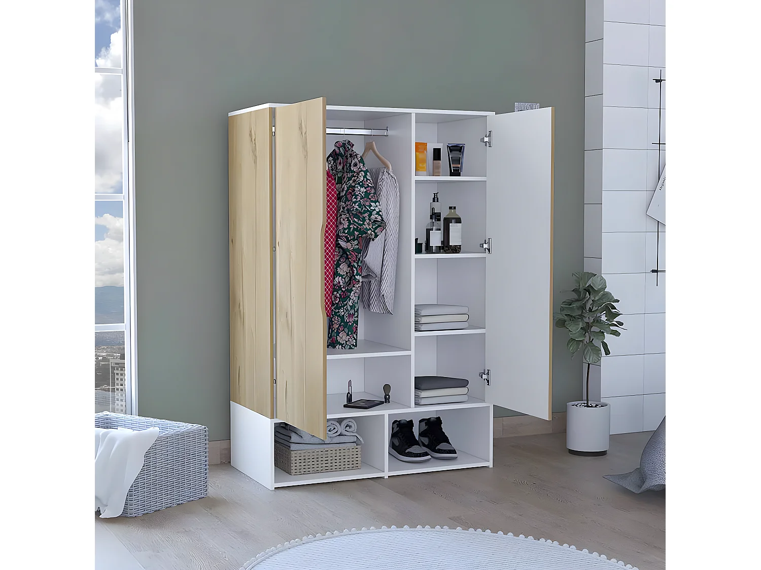 Armario Rosie en Melamina, dos estantes abiertos, puerta doble, cinco estantes, barra para colgar , 149.86 cm  X 99.99 cm  X 50 cm  , Multicolor