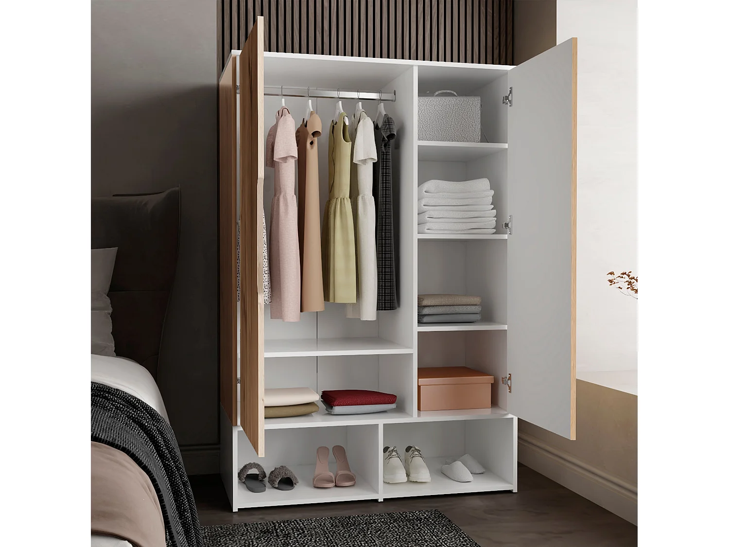 Armario Rosie en Melamina, dos estantes abiertos, puerta doble, cinco estantes, barra para colgar , 149.86 cm  X 99.99 cm  X 50 cm  , Multicolor