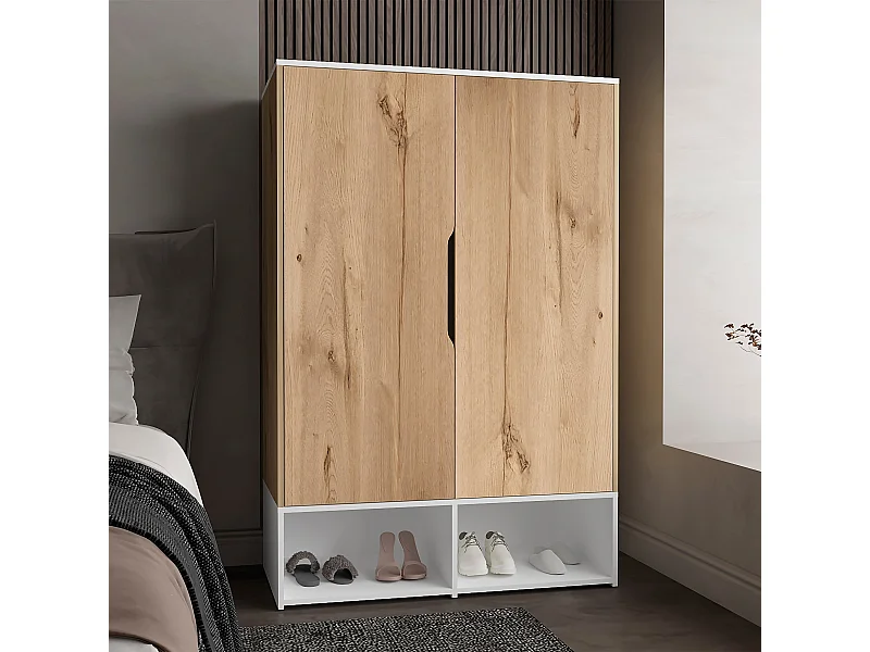 Armario Rosie en Melamina, dos estantes abiertos, puerta doble, cinco estantes, barra para colgar , 149.86 cm  X 99.99 cm  X 50 cm  , Multicolor