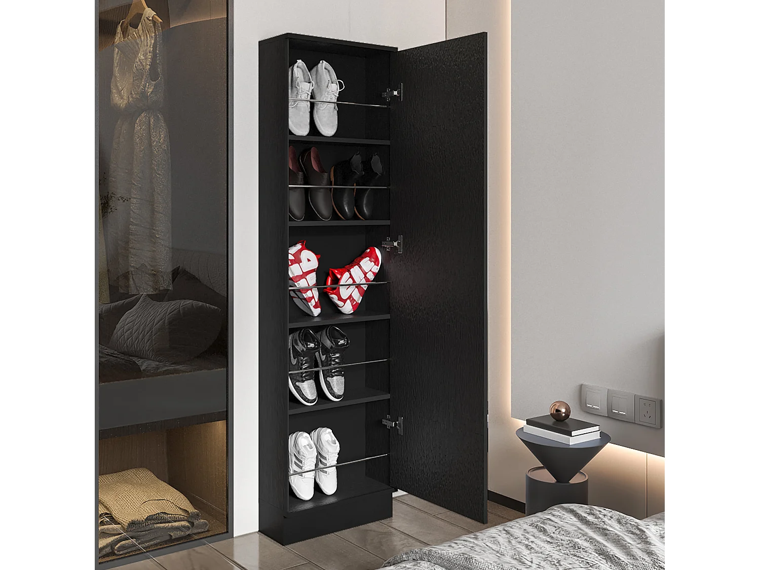 Scarpiera a muro in melamina Leto xl, con specchio, 170 cm X 46.99 cm X 18.99 cm , Nero